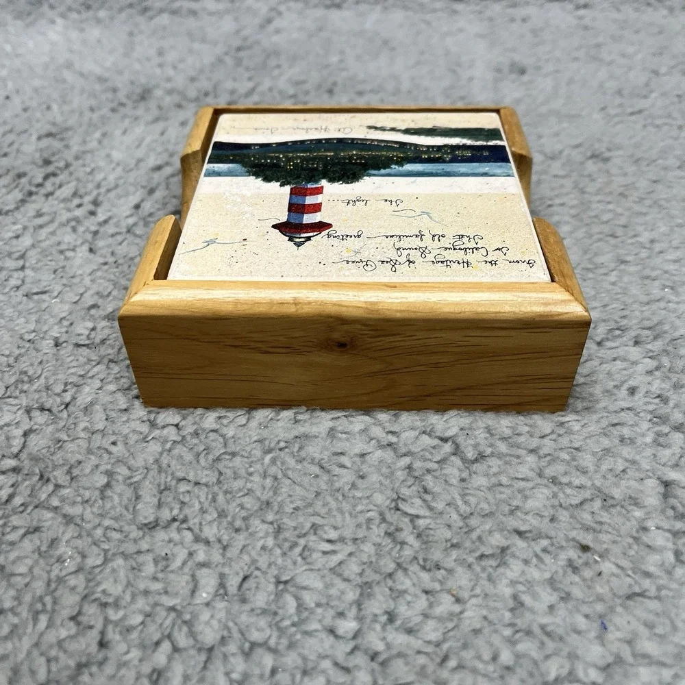 Hilton‎ Head Lighthouse Tile Drink Coasters Harbour Town Set of 4 w/ Tray